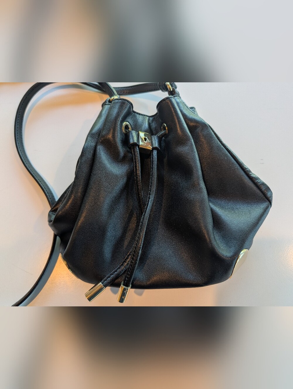 Vince Camuto Leather Mini Bucket Bag Gold tone Hardware Drawstring Leather Black